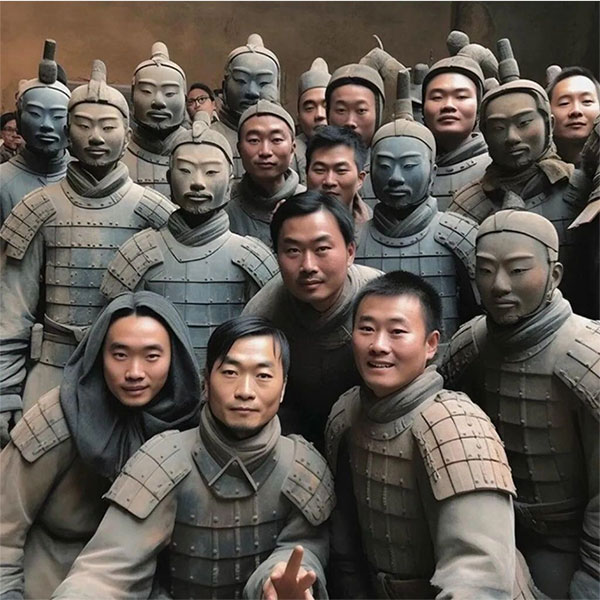 ai-phuc-dung-dong-quan-dat-nung-3 Bức ảnh đội quân đất nung chụp ảnh selfie theo phong cách hiện đại.
