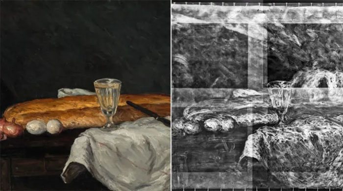 buc-tranh-still-life-with-bread-and-eggs-1 Hình ảnh X-quang đã được lật theo chiều ngang để so sánh song song.