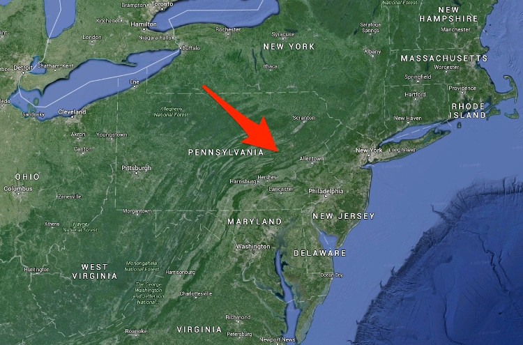 Centralia ở đầu mũi tên trên bản đồ Google Map.