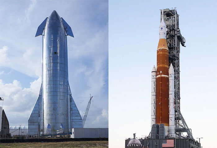 ten-lua-sls-1 Starship cao khoảng 120 feet (120 m). Cấu hình Khối 1 của SLS cao 322 feet (100 m).