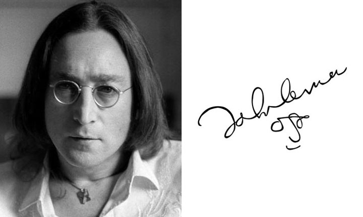 John Lennon vẽ một bức chân dung tự họa đơn giản trong chữ ký.