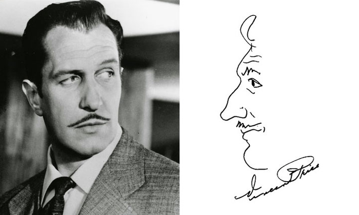 Nam diễn viên Vincent Price vẽ chân dung mình trong chữ ký.